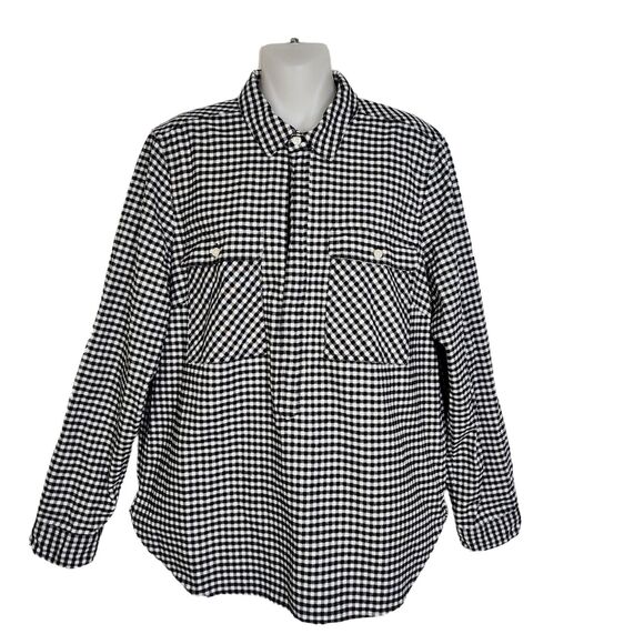 J Crew Mercantile Shirt Jacket Size Medium Black Plaid Gingham Flannel Pullover - Picture 1 of 10